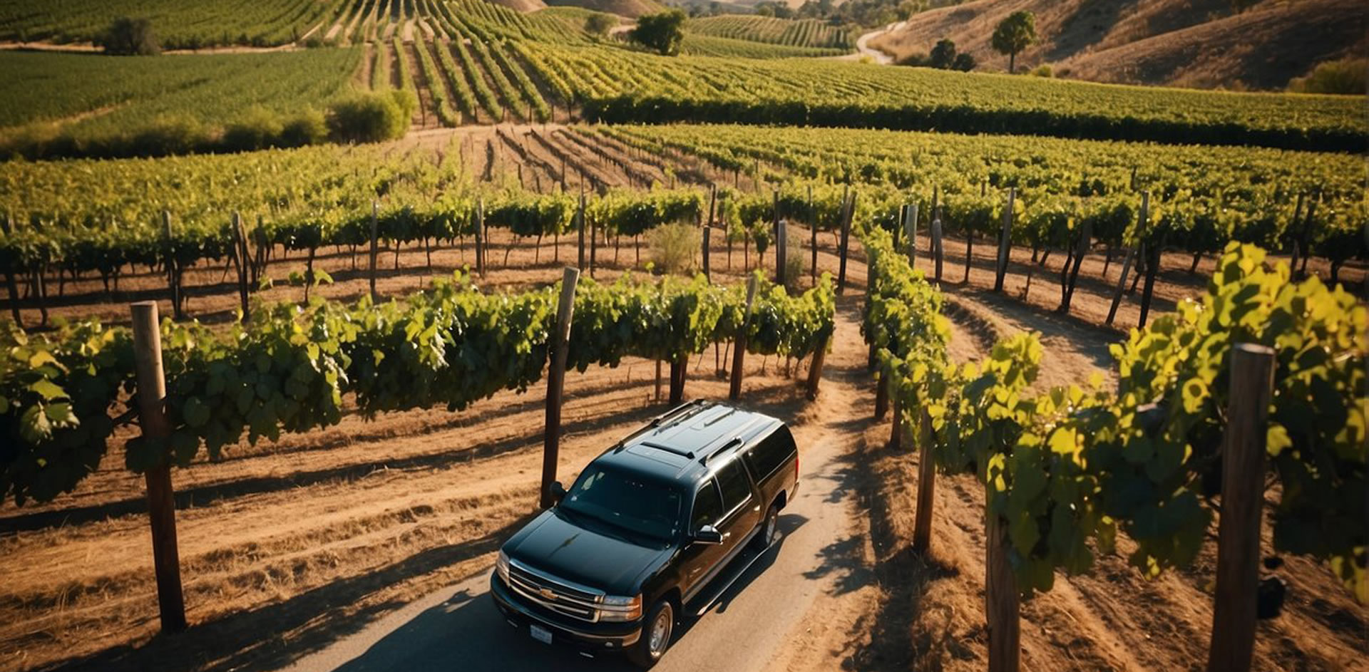 a car driving on a street in a vineyard