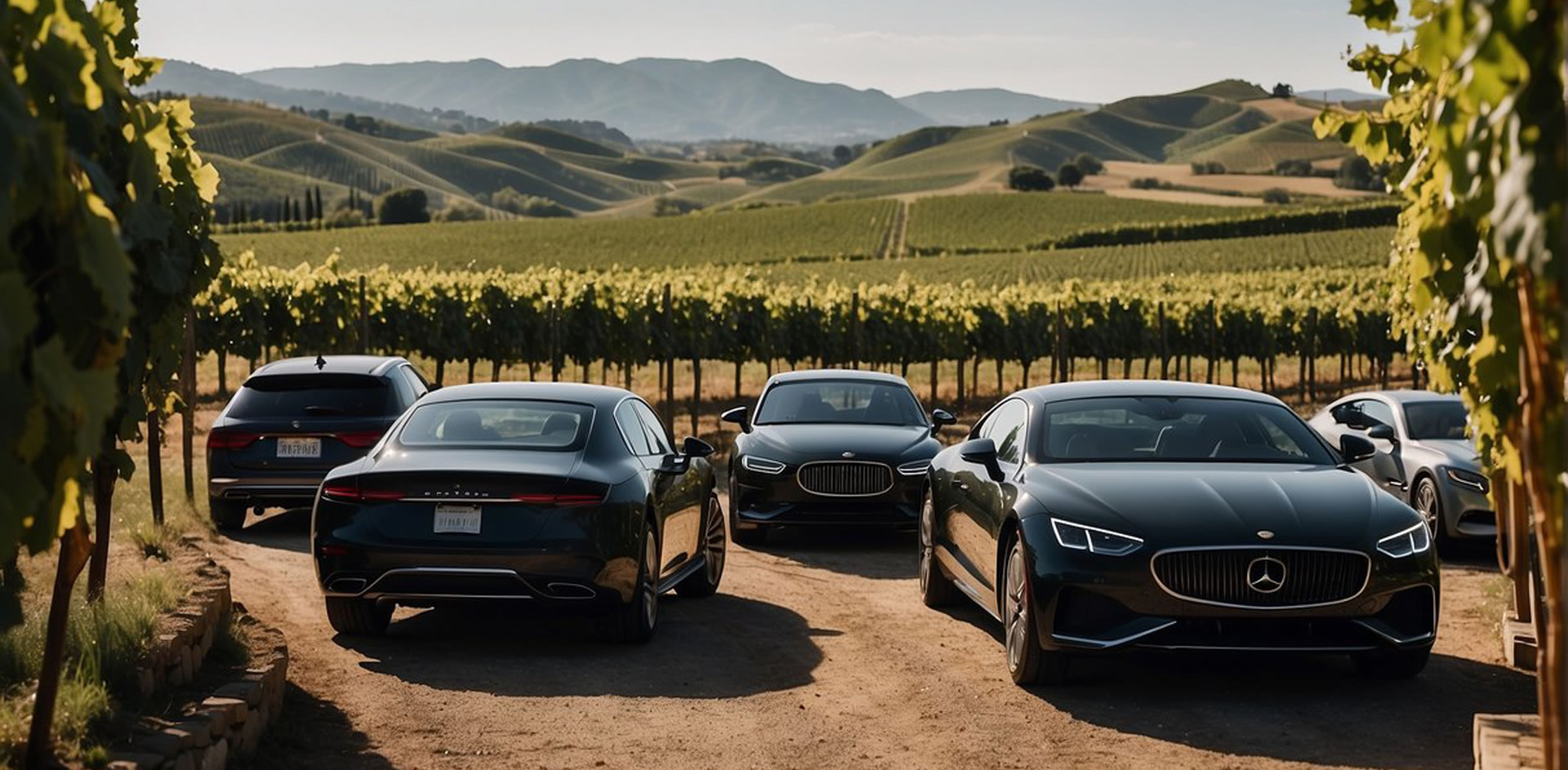 cars on parking area in fron of wine field