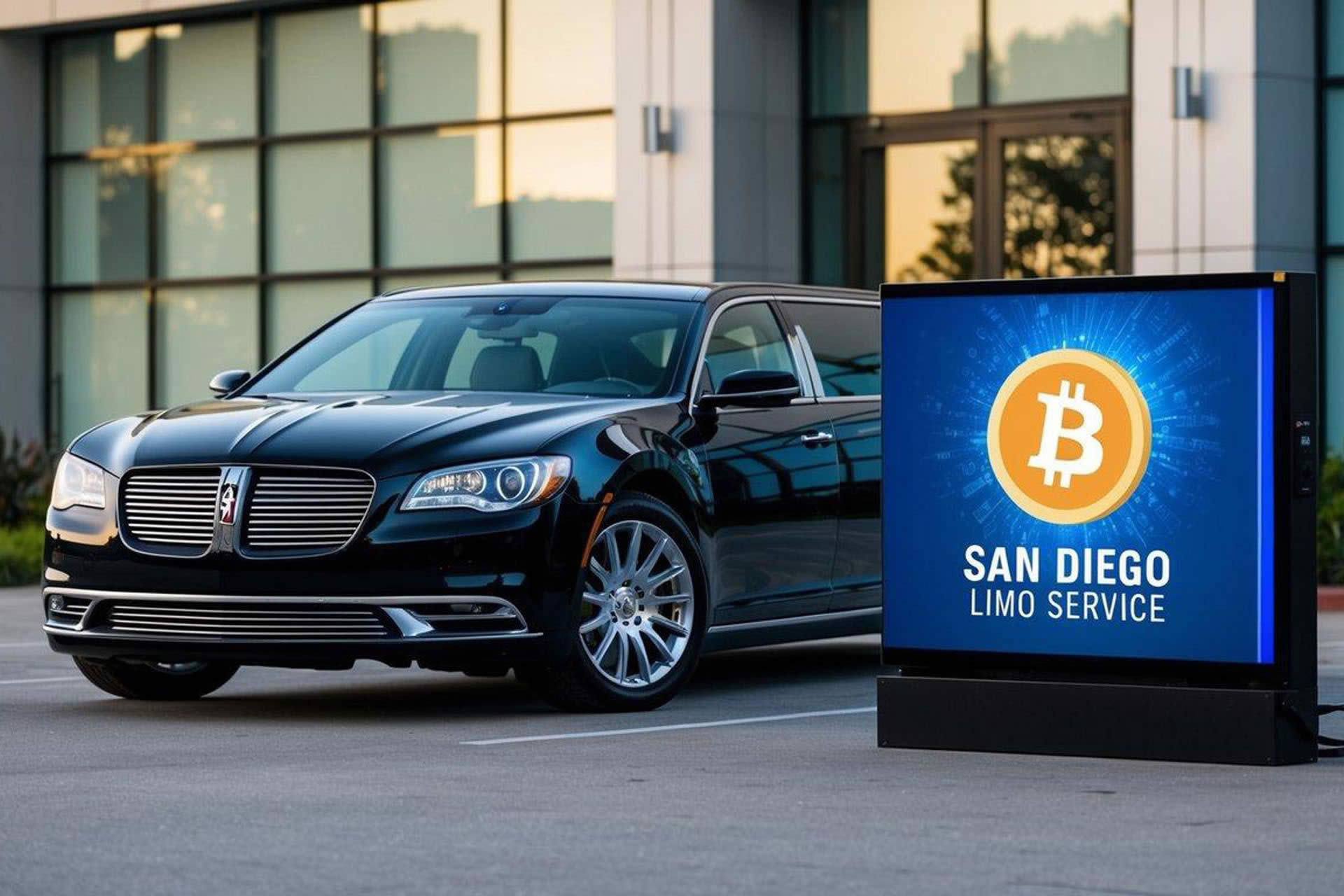 A sleek limousine parked outside a modern office building, with a digital sign displaying the Bitcoin logo and the words San Diego Limo Service.