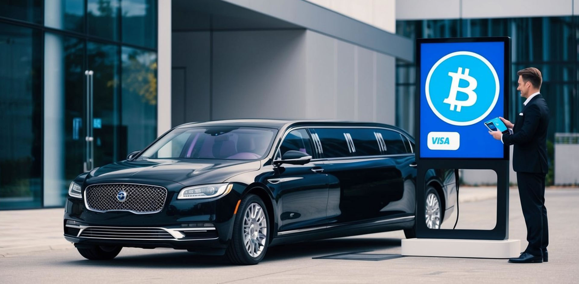 A sleek limousine pulls up to a modern building, with a digital sign displaying the Bitcoin logo. A chauffeur stands by, ready to accept payment through a digital wallet