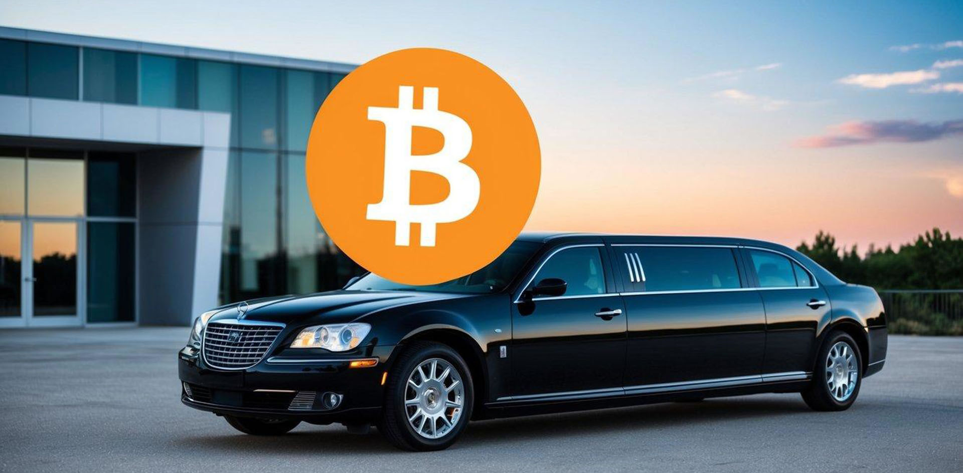 A sleek limousine parked in front of a modern building, with a Bitcoin symbol displayed prominently on the vehicle's exterior