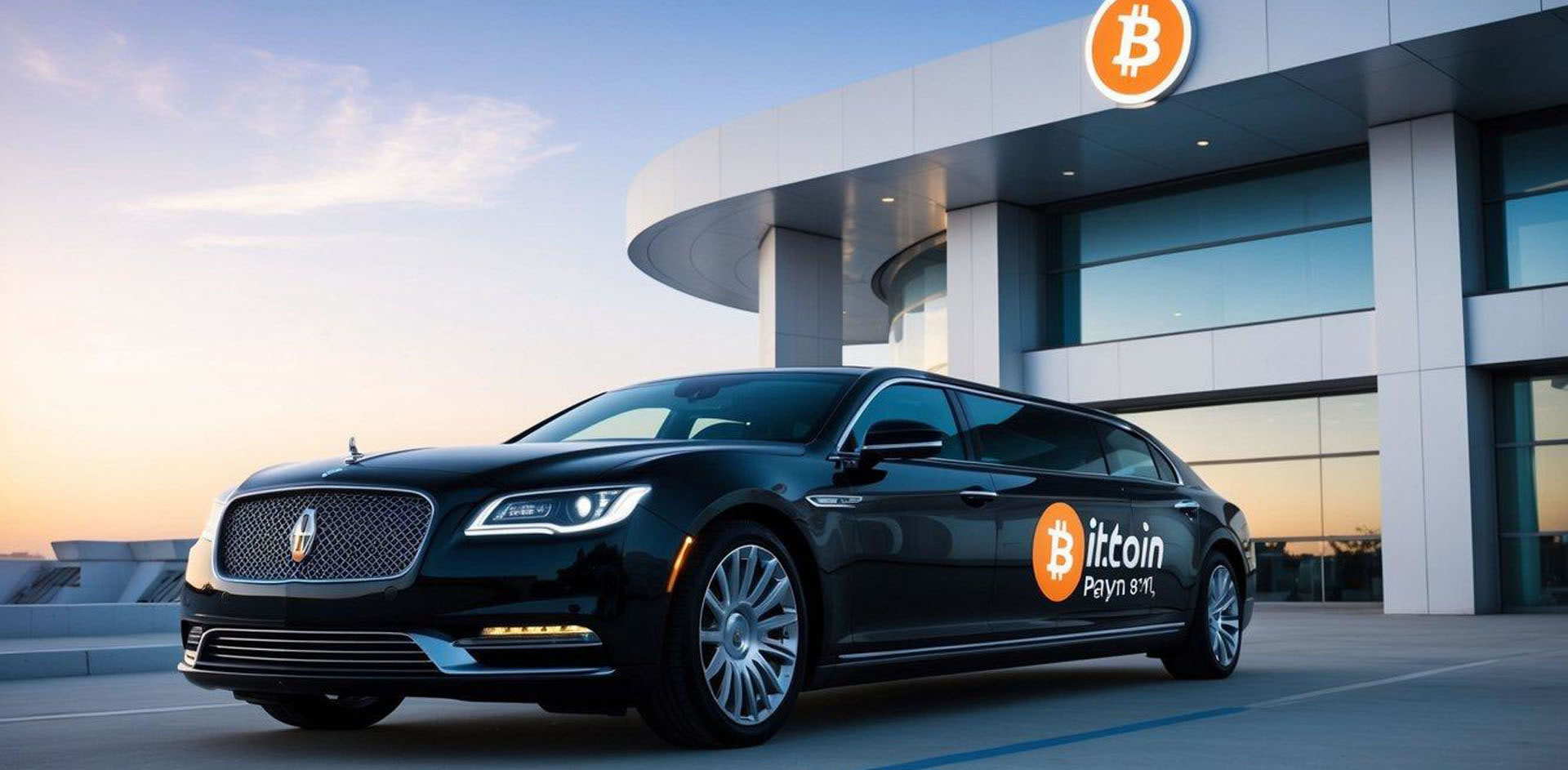 A sleek limousine pulls up to a futuristic building, with a digital Bitcoin payment logo displayed prominently on the vehicle's exterior