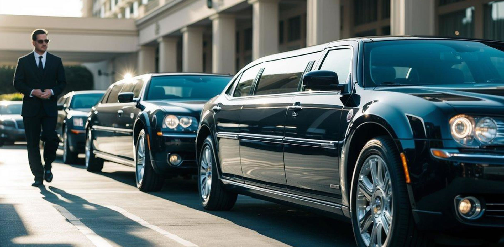 A row of sleek, luxury limousines parked outside a grand hotel in San Diego, with a valet standing nearby. Sunshine glints off the polished exteriors